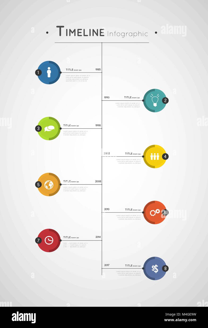 Bunte timeline Infografik Vorlage mit Kreisen und Symbole Stock