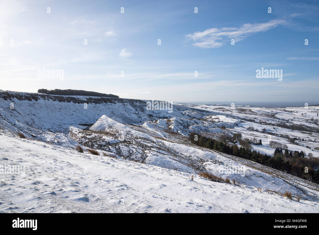 Snowy Februar Tag auf Coombes Kante, Charlesworth, Derbyshire. Eine hügelige Landschaft im Norden von England. Stockfoto