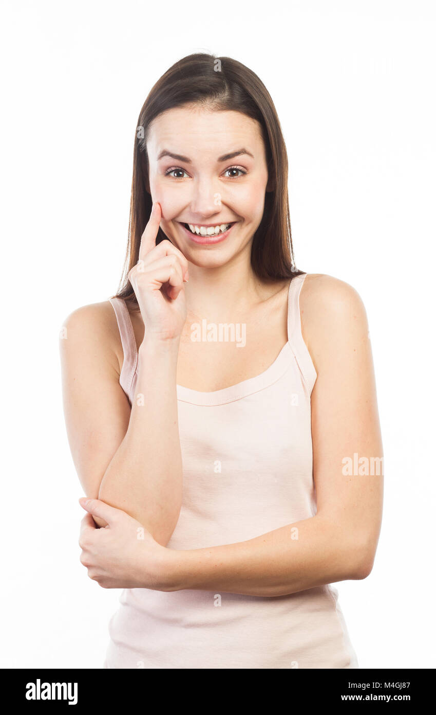 Portrait von eine fröhliche junge Frau isoliert auf weißem Stockfoto