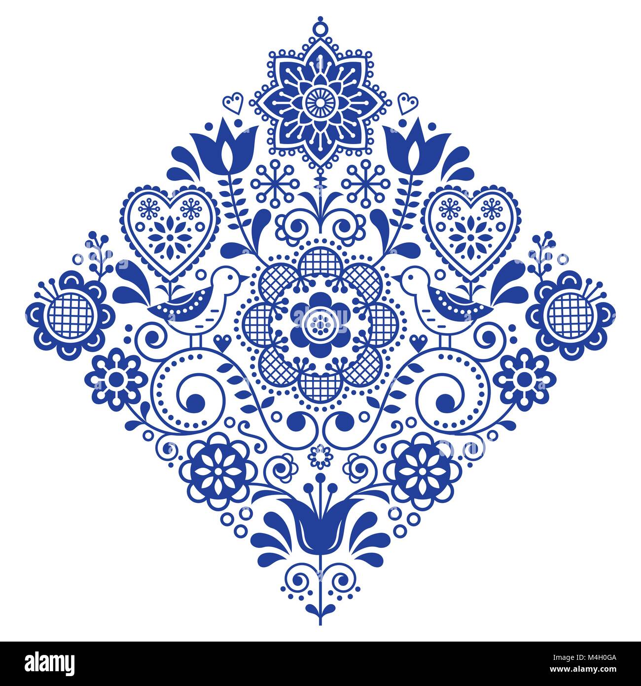 Volkskunst retro Square vector Pattern mit Vögeln und Blumen, Skandinavischen navy blue symmetrisches Design Stock Vektor