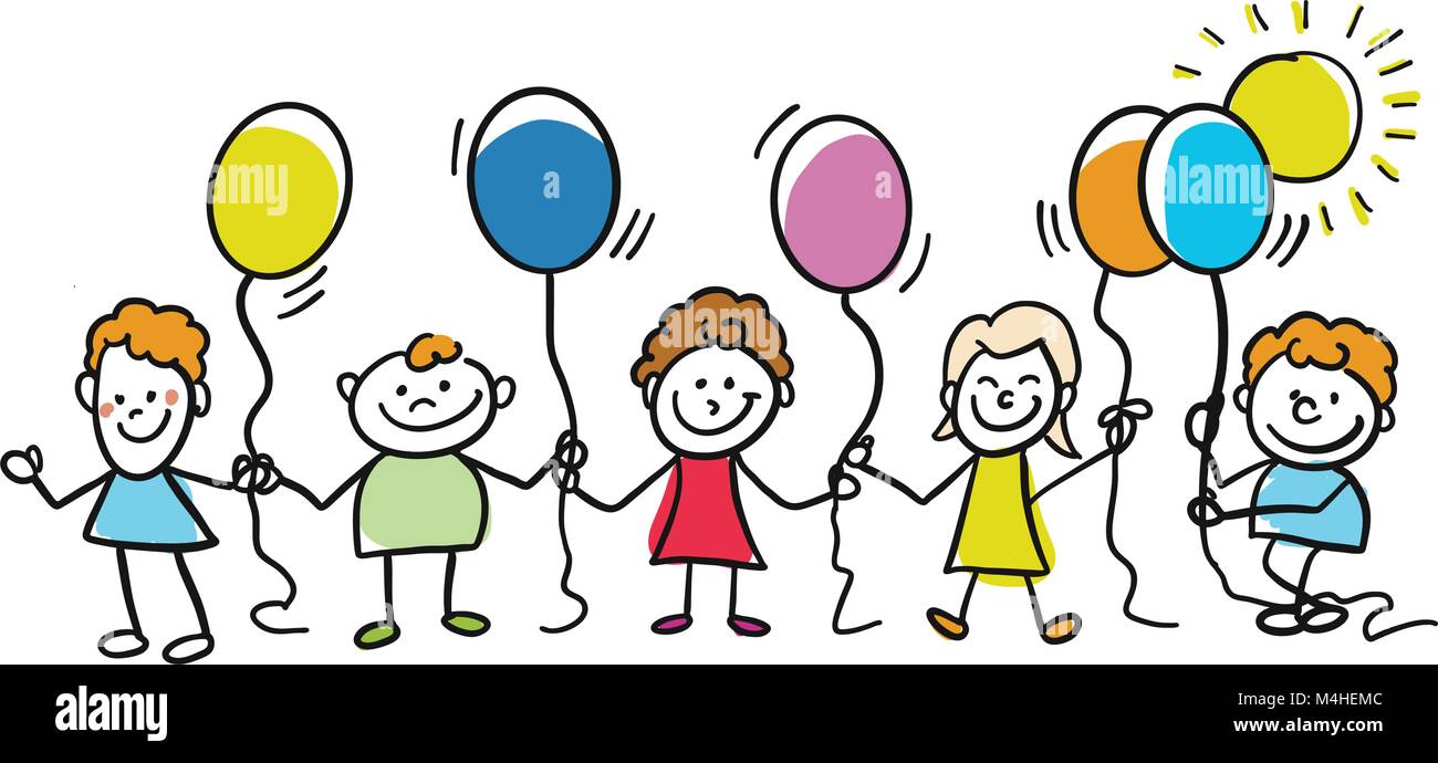 Happy Kids mit Luftballons zusammen. Handgezeichneten skizziert Doodles in schönen Outfits und Kostüme. Moderne Vektor Grafik im Comic-Stil isoliert Stock Vektor