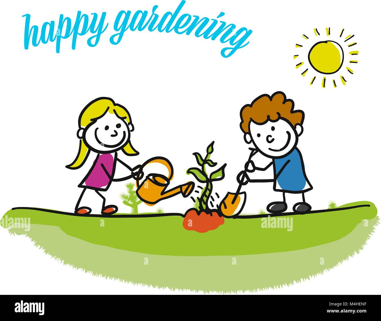 Happy gardening stickman Kinder. Handskizzen doodles in schönen Outfits und Kostüme. Moderne Vektor Grafik im Comic-Stil isoliert. Stock Vektor