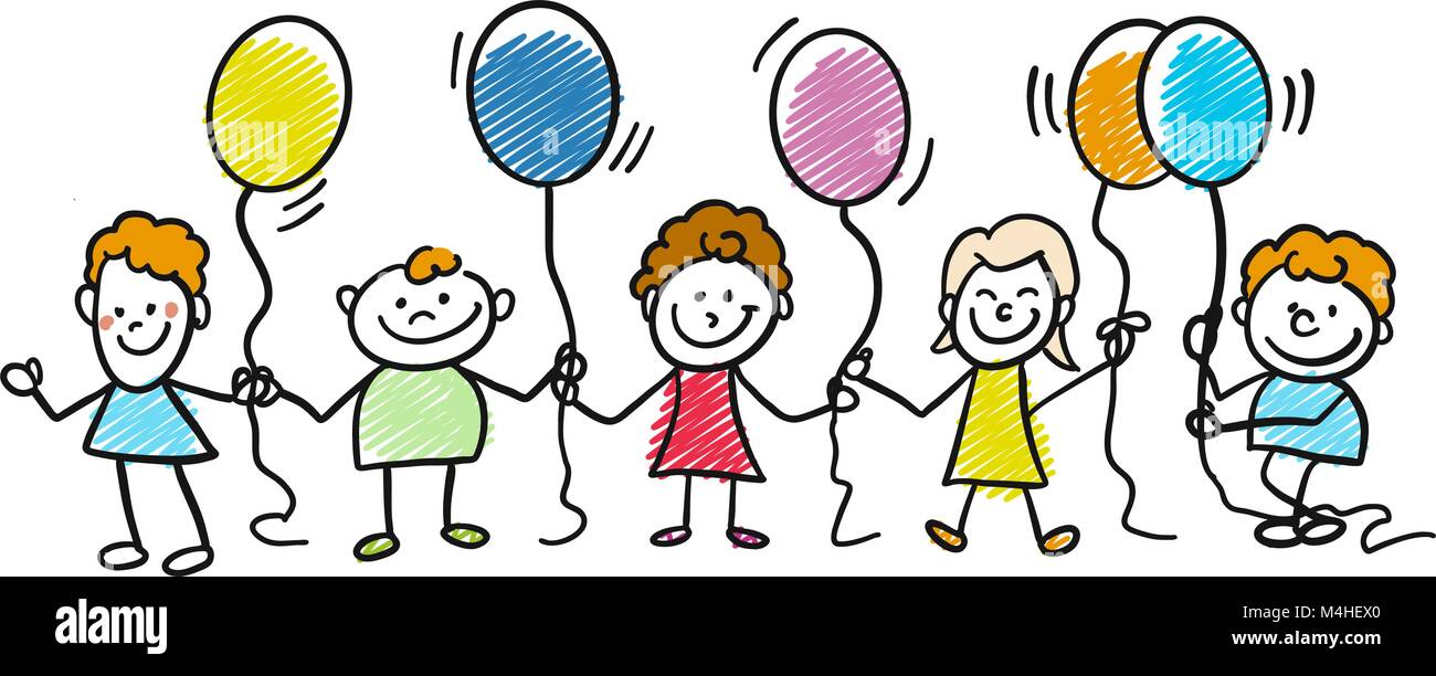 Happy Doodle Kinder mit Luftballons. Handskizzen doodles in schönen Outfits und Kostüme. Moderne Vektor Grafik im Comic-Stil isoliert. Stock Vektor