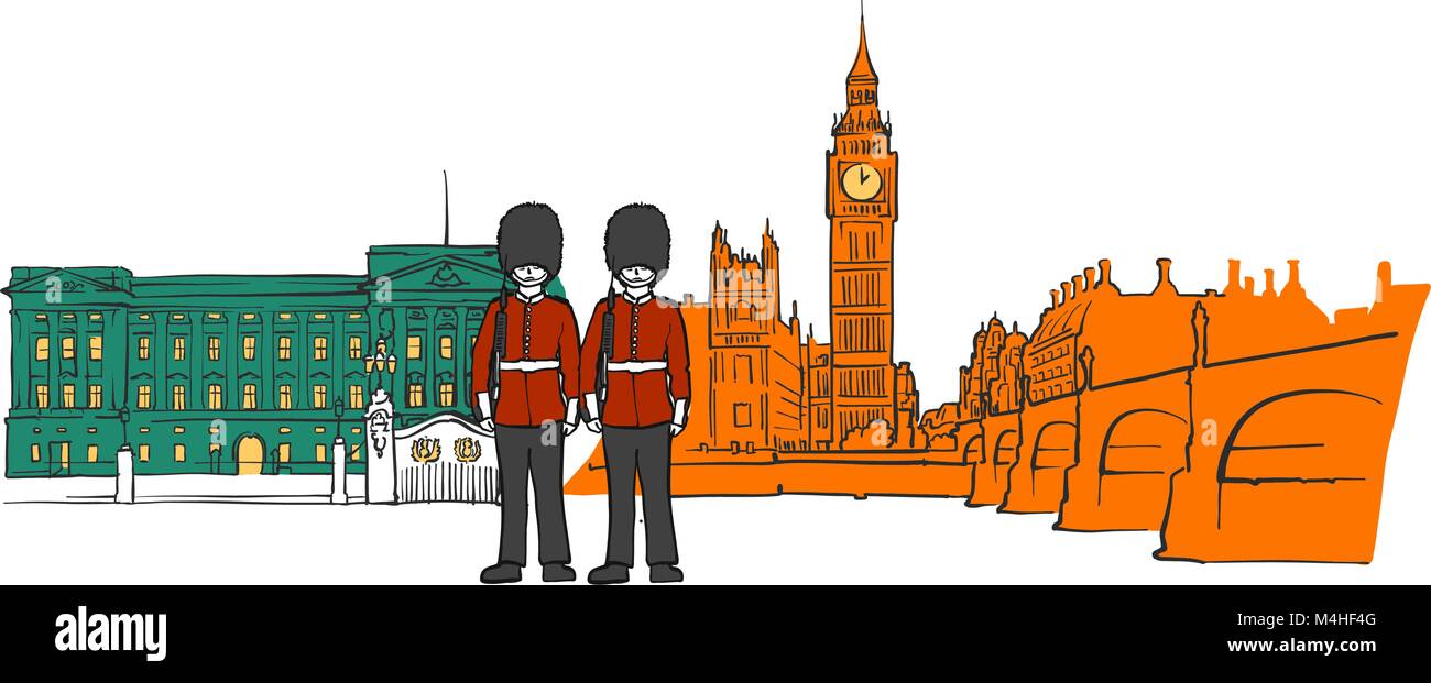 London Royal Palace und Big Ben Skizze. Handskizzen in schönen Konturen und Farben. Moderne Vector Illustration. Stock Vektor