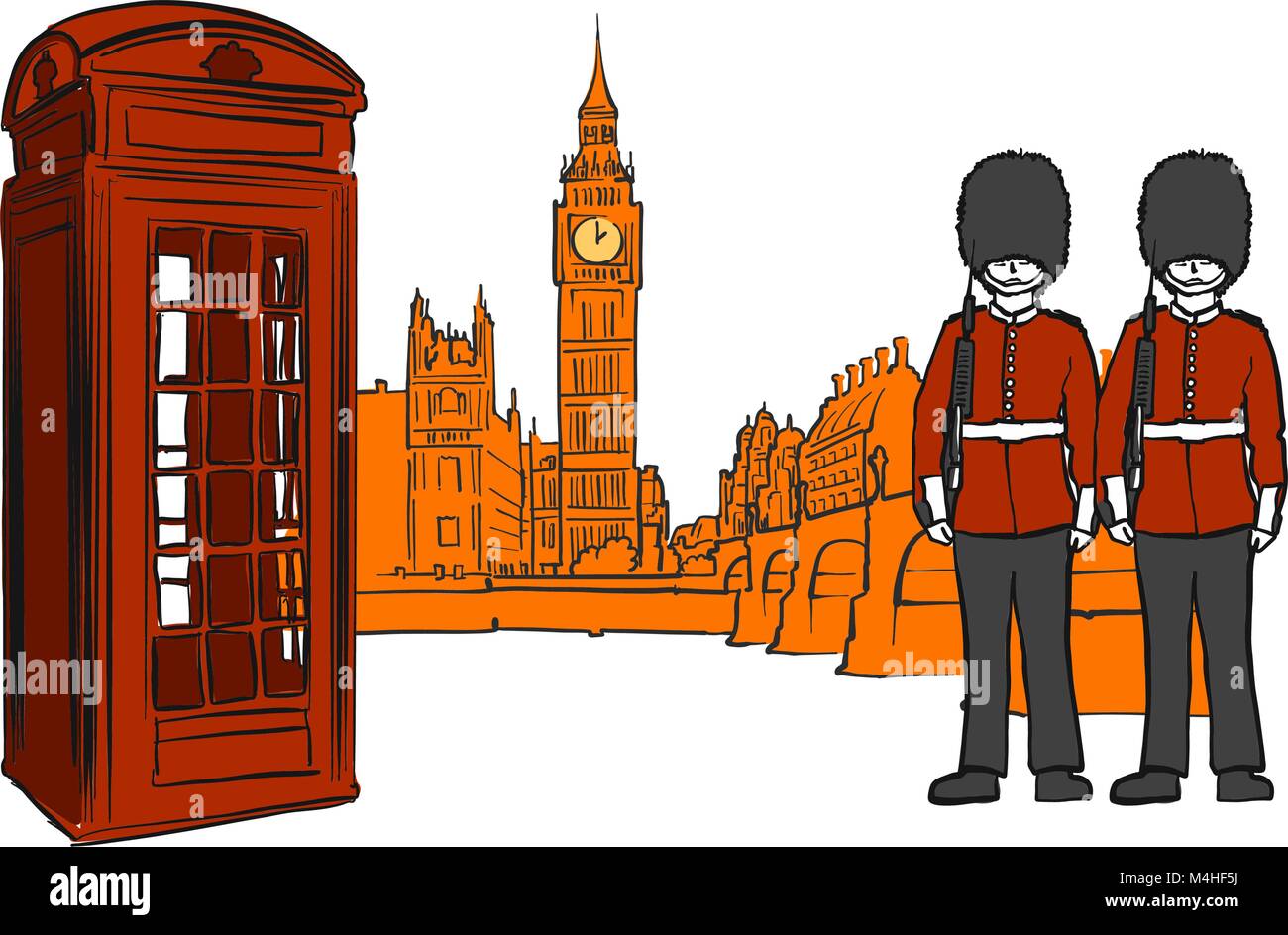 Londons berühmten Ikonen Skizzen. Handskizzen in schönen Konturen und Farben. Moderne Vector Illustration. Stock Vektor