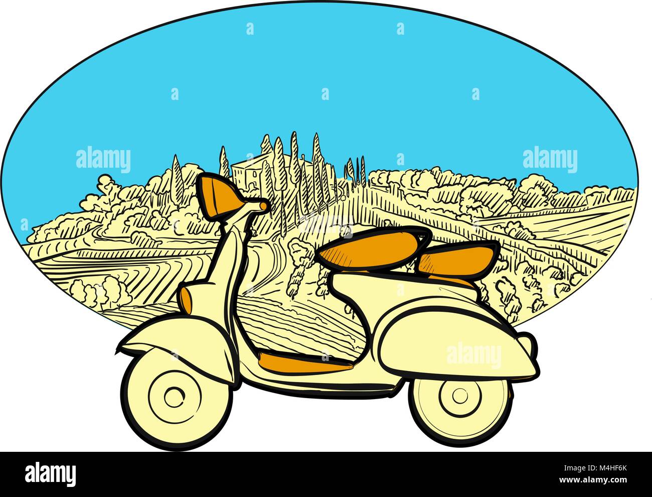 Weinberg Reisen mit dem Motorroller. Handskizzen in schönen Konturen und Farben. Moderne Vector Illustration. Stock Vektor