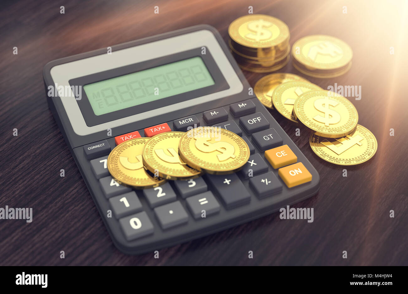 Verschiedene goldenen Münzen (Dollar, Pfund, Euro, Franken) und der Rechner mit leeren Anzeige Ihren eigenen Text zu setzen. Steuern und Gebühren Konzept. 3D-Rendering Stockfoto