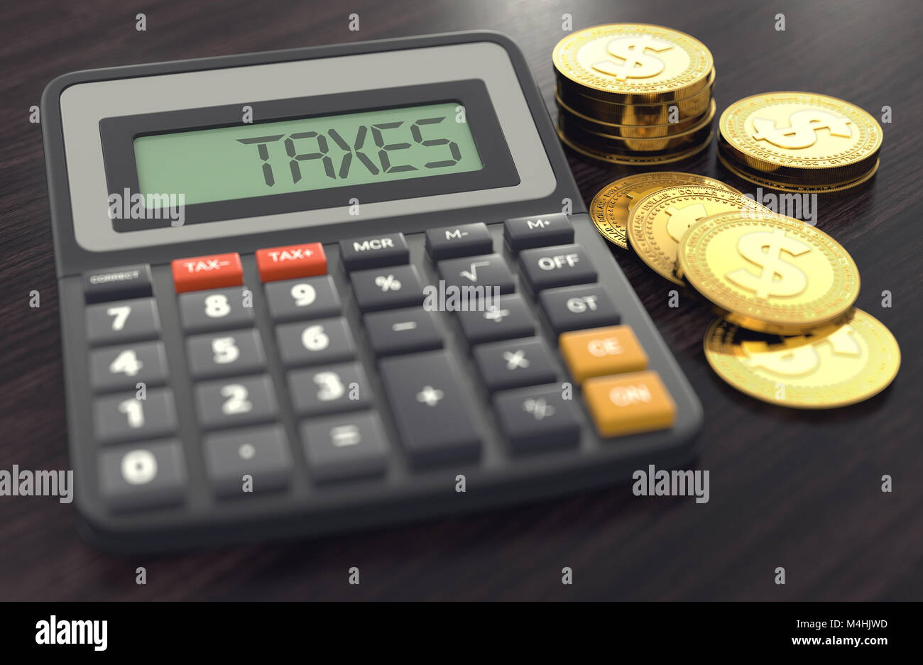 Taschenrechner mit dem Wort Steuern auf die Anzeige und goldenen Münzen. Die Berechnung der Steuern Konzept. 3D-Rendering Stockfoto