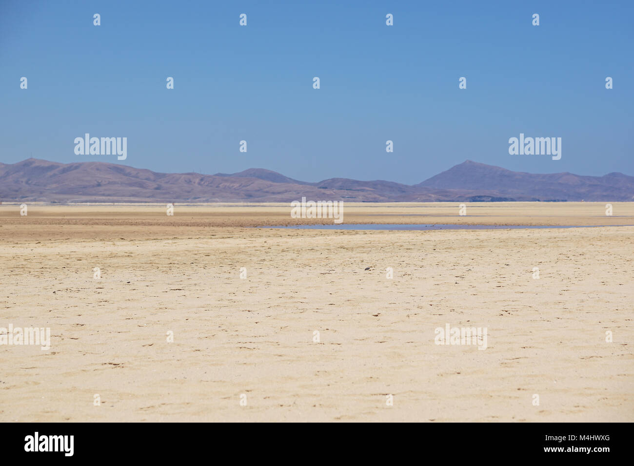Vulkanische Berge Panorama mit steinige Wüste Gelände, gegen den blauen, bewölkter Himmel, Fuerteventura, Kanarische Inseln, Spanien. Stockfoto