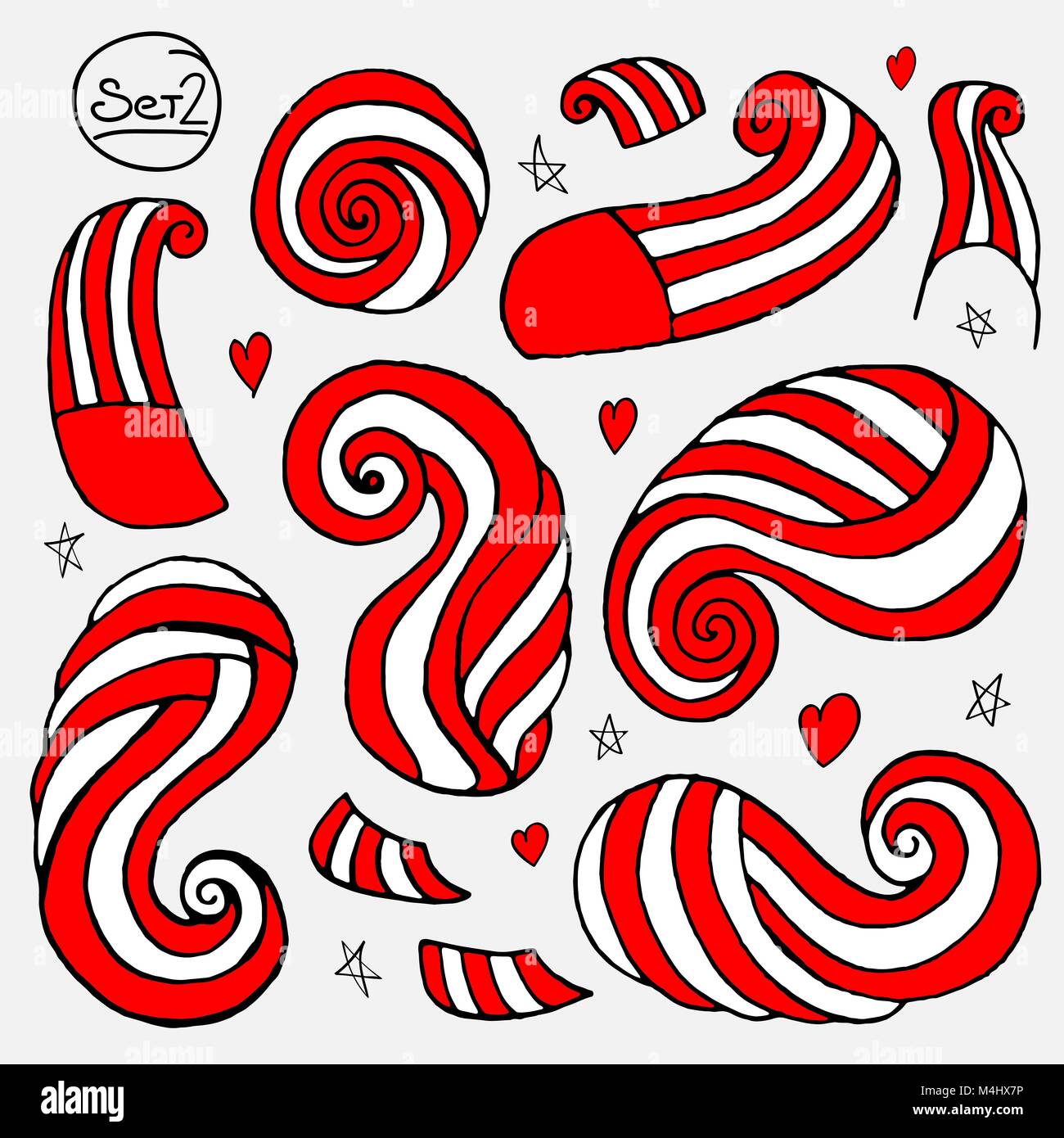 Eine Reihe von Vintage künstlerische Dekorative grafische Elemente in einer lässigen Stil. Stilisierte gekrümmte Flügel, Voluten, Spiralen, Flossen, Sterne und Herzen. Märchen Thema in Rot und Weiß. Vector Illustration. Stock Vektor