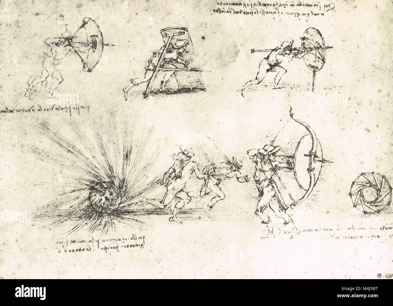 Studien von Abdeckungen zum Schutz von Fußsoldaten und eine explodierende Bombe, gezeichnet von Leonardo Da Vinci, circa 1485-88 Stockfoto