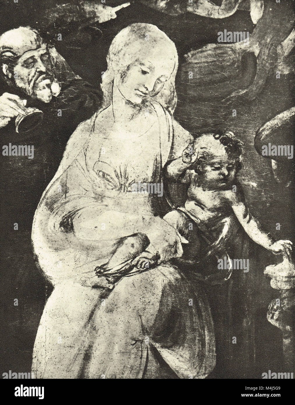 Jungfrau Maria mit Kind, Skizze für die Anbetung der Heiligen Drei Könige, die von Leonardo Da Vinci, ca. 1481 gezeichnet Stockfoto