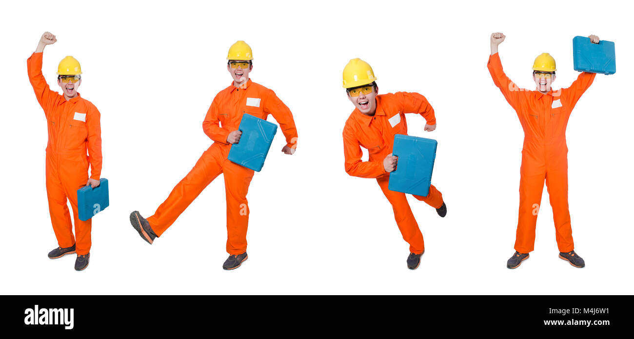 Mann in orange Overalls isoliert auf weiss Stockfoto