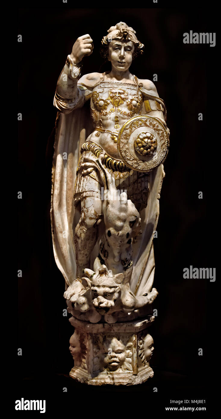 Altarbild - Altargemälde des Erzengels St. Michael von Alonso Berrugete 1489-1561 Master 16., Jahrhundert, Spanisch, (Kloster von San Benito el Real), Valladolid, Spanien. Stockfoto