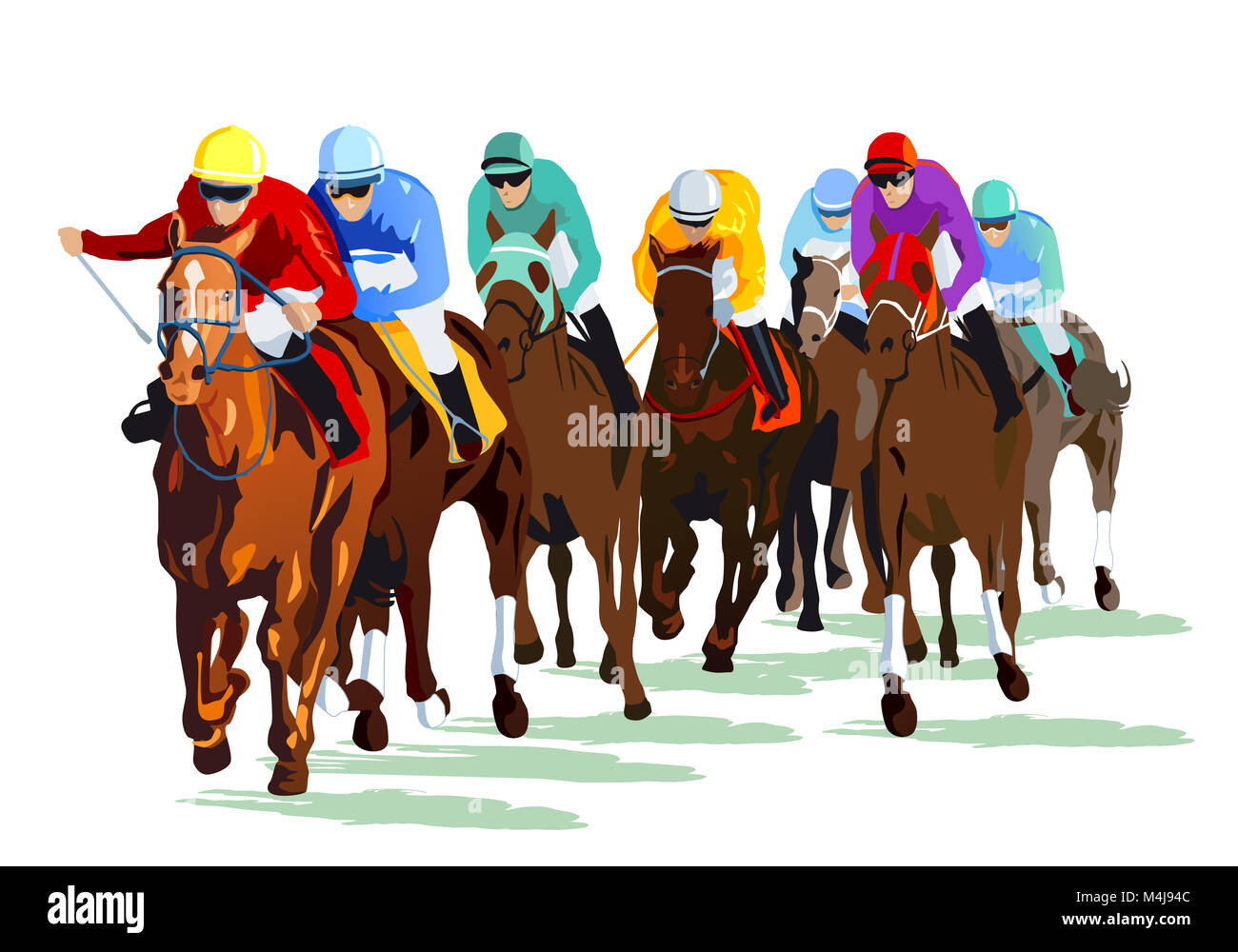 Rennpferde mit Jockeys auf der Rennstrecke Stockfoto