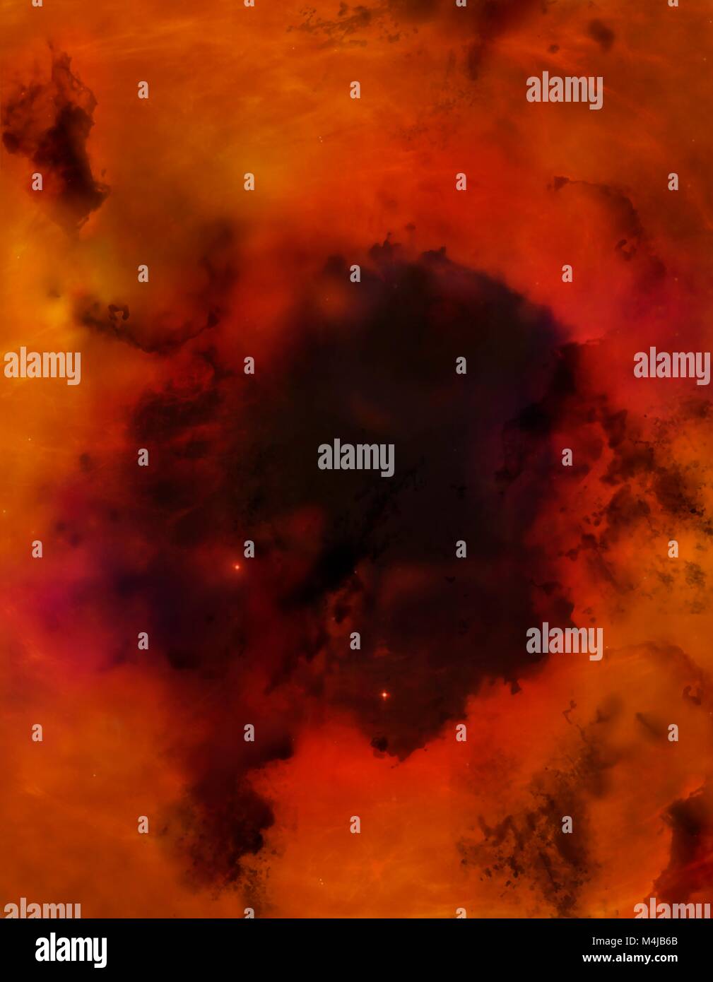 Bok globule. Computer Artwork von einer kleinen dunklen Nebel, als Bok globule, einer der Orte, an denen stars Form bekannt. Der rote Hintergrund ist Teil einer größeren Emissionsnebel, glühend wie das Wasserstoffgas in es erwärmt. Bok-globule sind relativ klein, nur ein Jahr oder so über, und kälter und im Staub, die reicher sind als andere Nebeln. Stockfoto