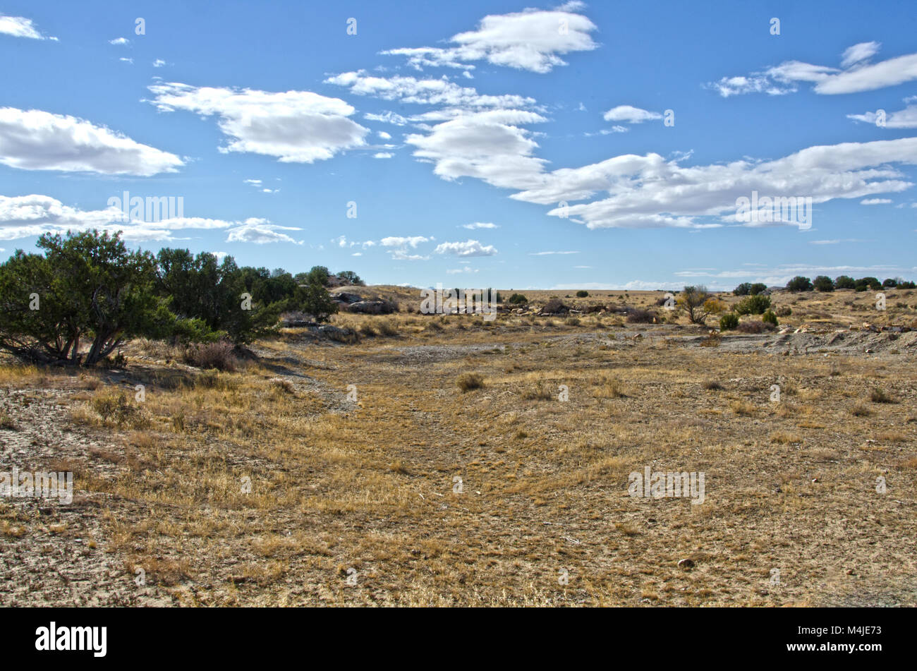 Die Depressionen von den Jahren der Wagen Züge entlang der Santa Fe Trail links sind noch leicht erkennbar in der Nähe von Thatcher, Colorado. Stockfoto