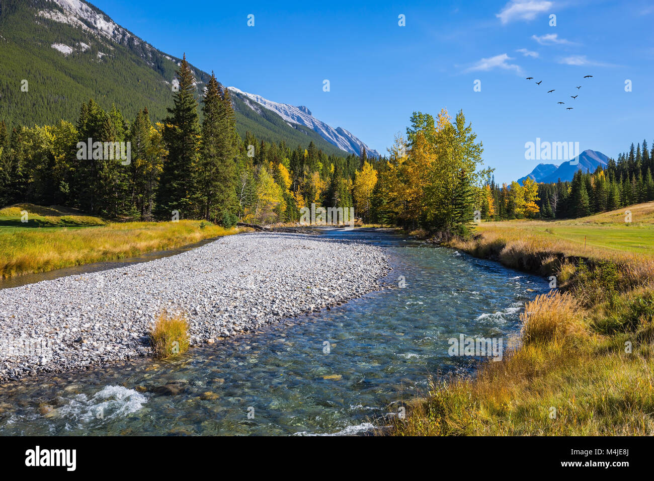 Den Stream mit Kies unten zwischen Feldern Stockfoto
