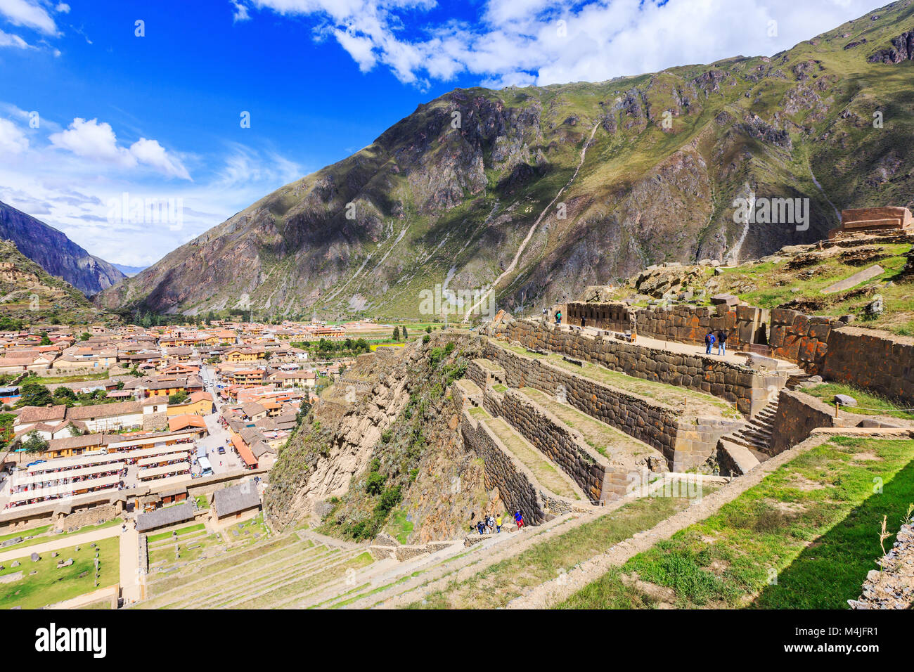 Ollantaytambo, Peru. Inka-Festung Ruinen auf dem Hügel der Tempel. Stockfoto