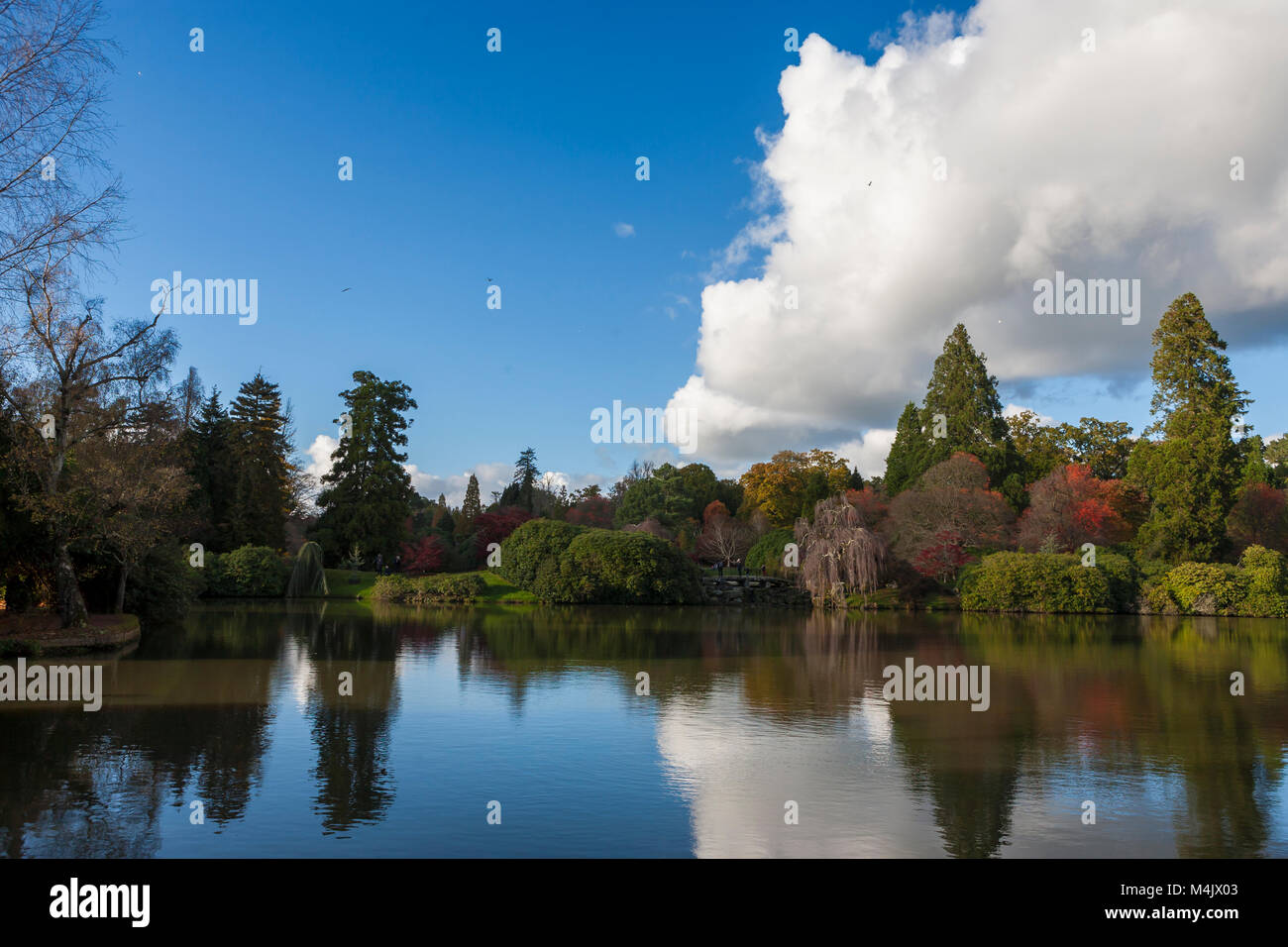 Dritte See oder die obere Frau Weg, Teich, und untere Brücke, die den kleinen Wasserfall zwischen zwei Seen, Sheffield Park, East Sussex, England straddles Stockfoto