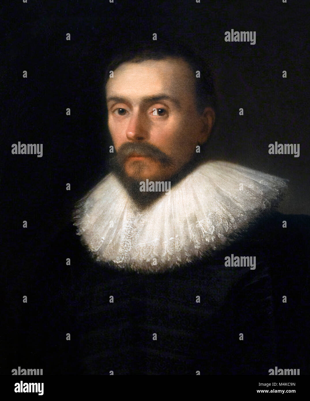 William Harvey (1578-1657), ein englischer Arzt für seine Beiträge in der Anatomie und Physiologie des renommierten, insbesondere im Hinblick auf die Zirkulation des Blutes, in "Exercitatio Anatomica De motu cordis et Sanguinis in Animalibus" (als "Auf die Bewegung des Herzens und der" bekannt) von 1627. Harvey war auch Gericht Arzt Könige James I und Charles I. Öl auf Leinwand, Daniel Mytens, c 1627 zurückzuführen Stockfoto