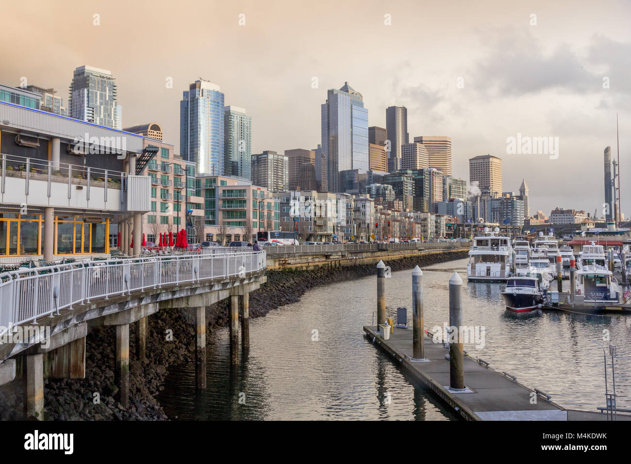 Boote auf dem Display bei Bell Harbour für die Seattle Boat Show in der Innenstadt von Seattle, Washington, USA. Stockfoto