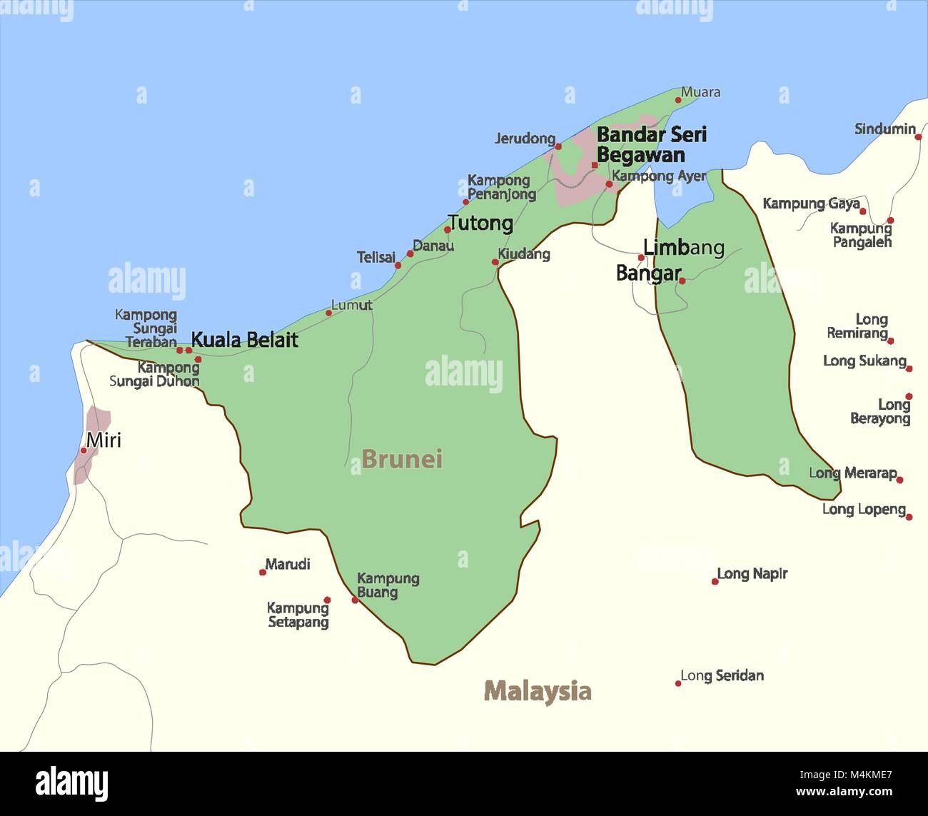 Karte von Brunei. Zeigt die Ländergrenzen, städtischen Gebieten, Ortsnamen und Straßen. Beschriftungen in Englisch, wo dies möglich ist. Projektion: Mercator. Stock Vektor