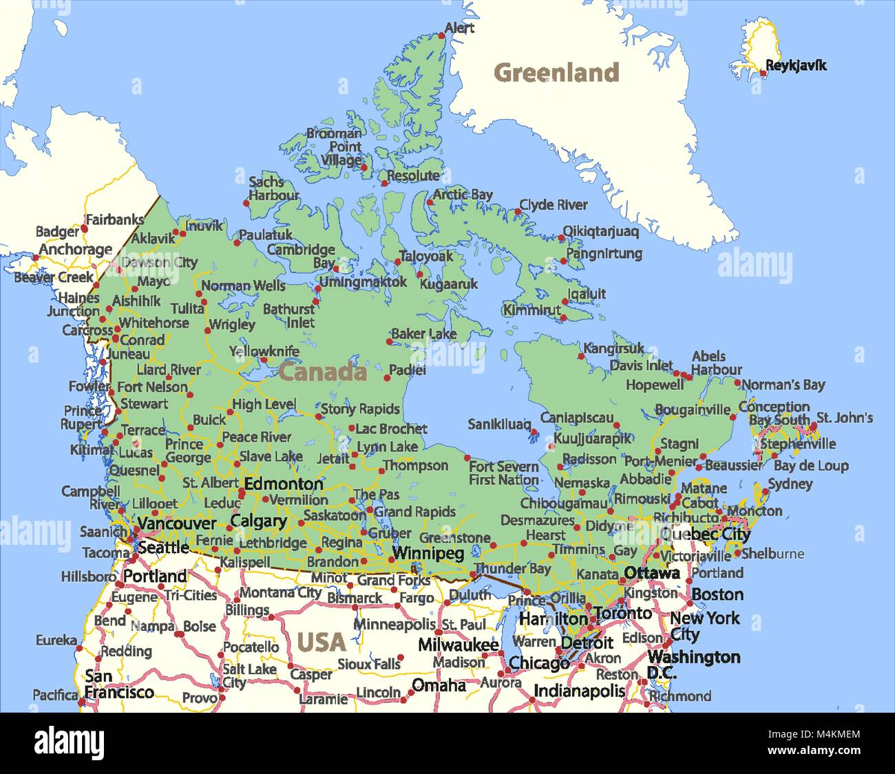 Karte von Kanada. Zeigt die Ländergrenzen, Ortsnamen und Straßen