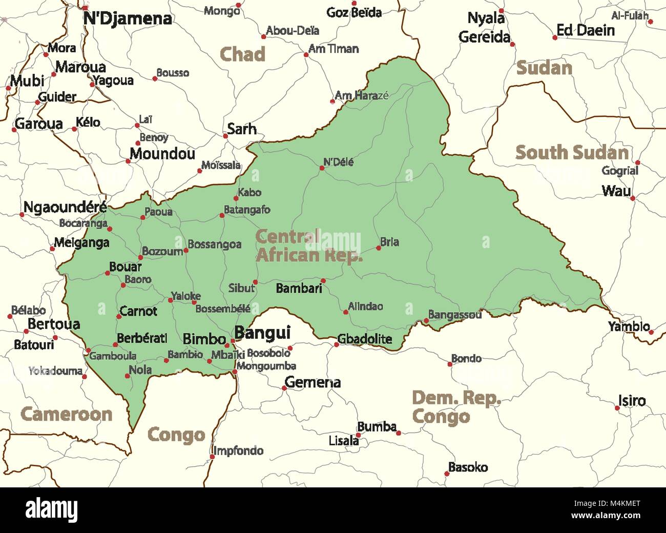 Karte von Zentralafrikanische Rep. zeigt die Ländergrenzen, städtischen Gebieten, Ortsnamen und Straßen. Beschriftungen in Englisch, wo dies möglich ist. Projektion: Mercator. Stock Vektor