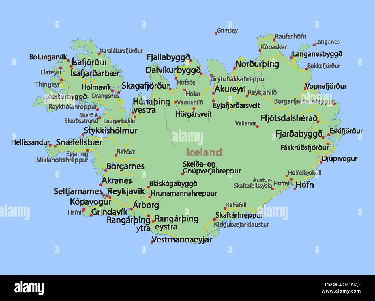 Karte von Island. Zeigt die Ländergrenzen, städtischen Gebieten, Ortsnamen und Straßen. Beschriftungen in Englisch, wo dies möglich ist. Projektion: Mercator. Stock Vektor