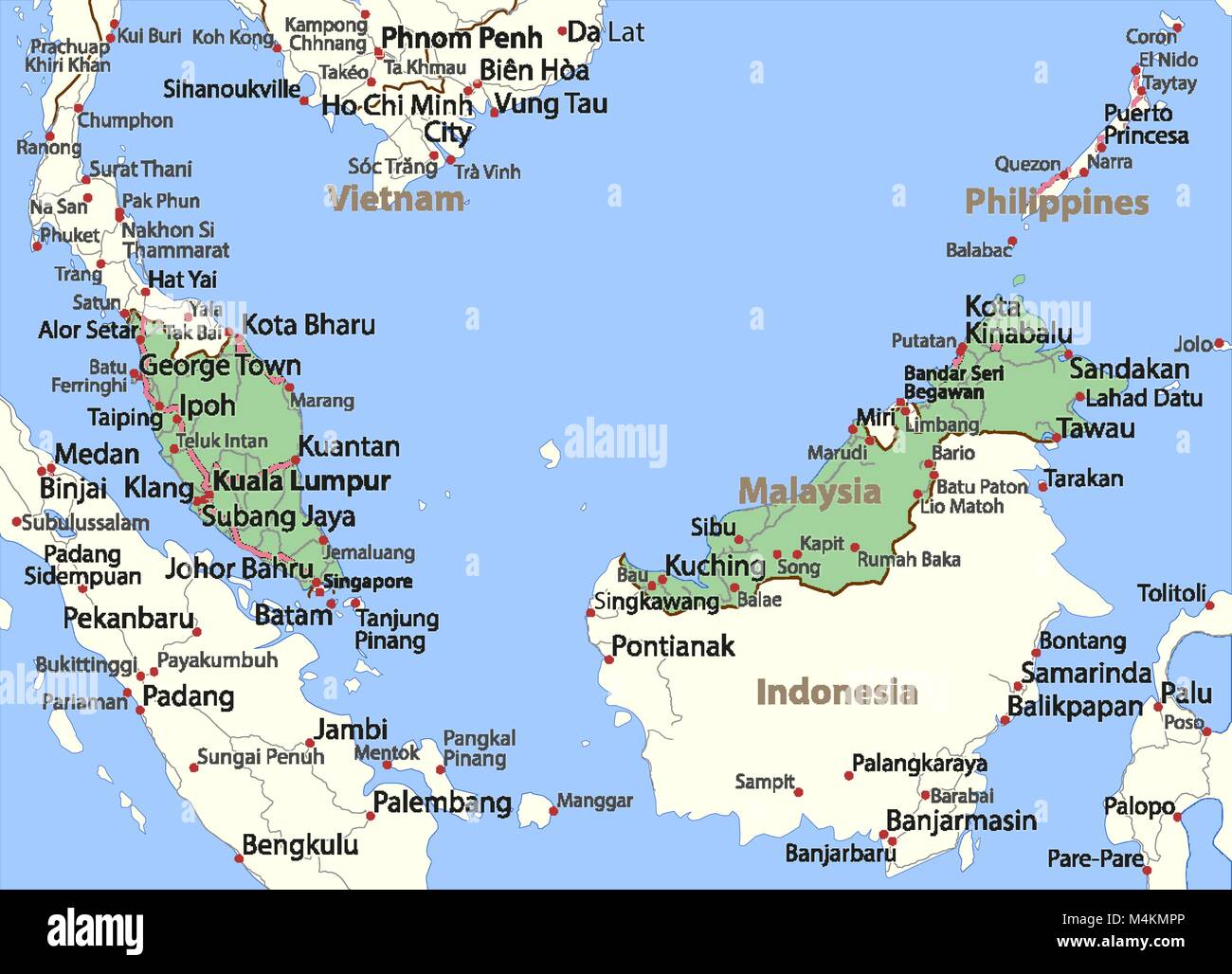 Karte von Malaysia. Zeigt die Ländergrenzen, Ortsnamen und Straßen. Beschriftungen in Englisch, wo dies möglich ist. Projektion: Mercator. Stock Vektor