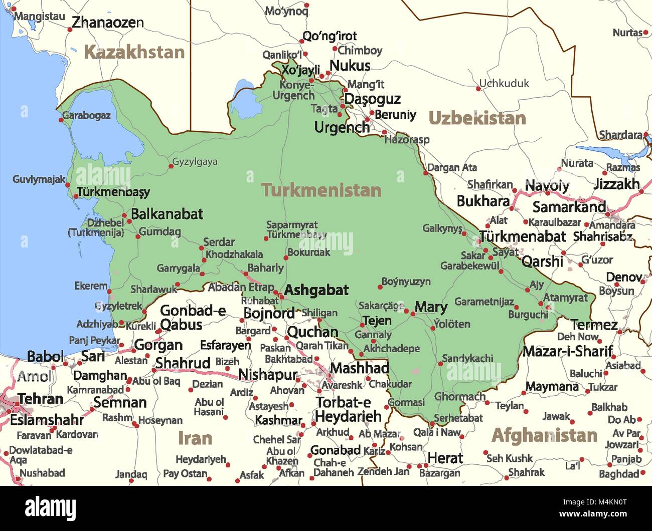 Karte von Turkmenistan. Zeigt die Ländergrenzen, städtischen Gebieten, Ortsnamen und Straßen. Beschriftungen in Englisch, wo dies möglich ist. Projektion: Mercator. Stock Vektor