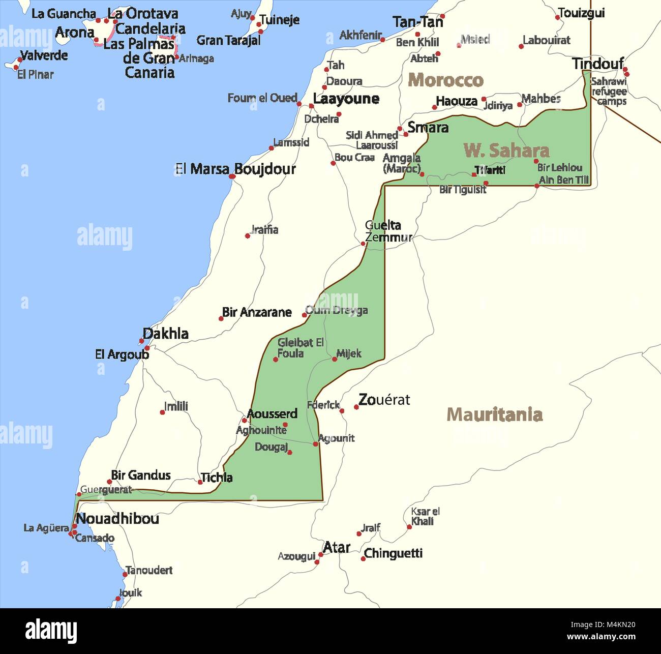 Karte von Westsahara. Zeigt die Ländergrenzen, städtischen Gebieten, Ortsnamen und Straßen. Beschriftungen in Englisch, wo dies möglich ist. Projektion: Mercator. Stock Vektor