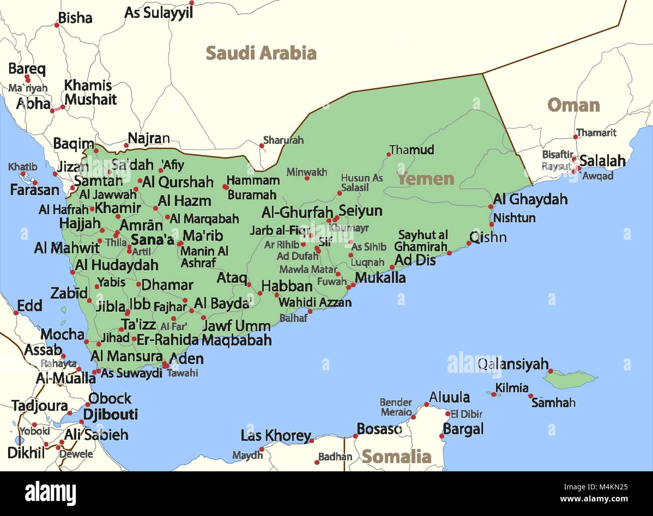Karte von Jemen. Zeigt die Ländergrenzen, Ortsnamen und Straßen. Beschriftungen in Englisch, wo dies möglich ist. Projektion: Mercator. Stock Vektor