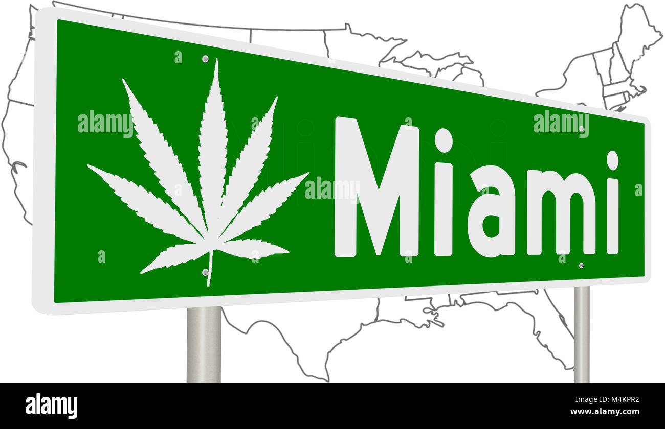 Rendering von einem grünen Hinweisschild mit Marihuana Blatt für Miami Stockfoto