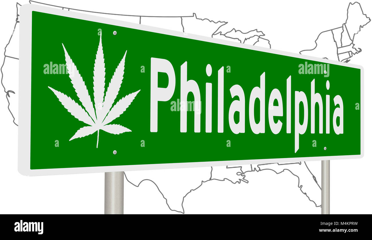 Rendering von einem grünen Hinweisschild mit Marihuana Blatt für Philadelphia Stockfoto