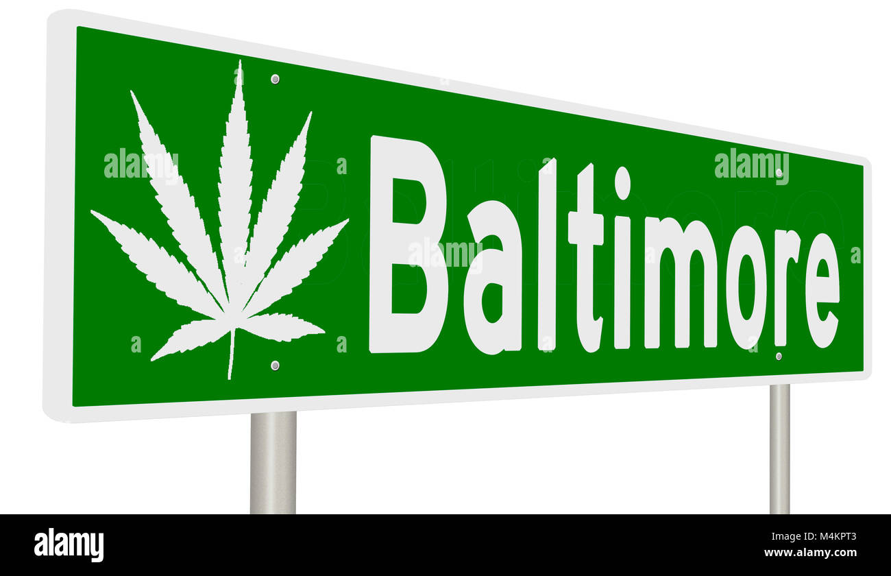 Rendering von einem grünen Hinweisschild mit Marihuana Blatt für Baltimore Stockfoto