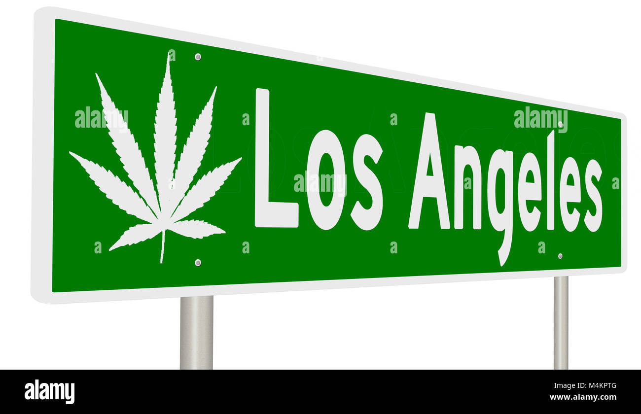 Rendering von einem grünen Hinweisschild mit Marihuana Blatt für Los Angeles Stockfoto