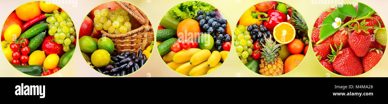 Panorama frisches Obst und Gemüse in den runden Rahmen auf leicht verschwommenen Hintergrund. Stockfoto