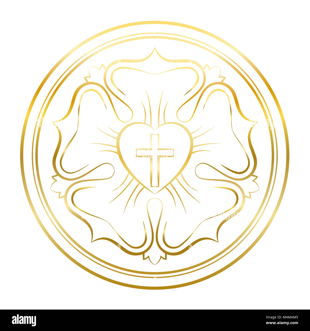 Luther rose Symbol. Golden Abbildung auf weißen Hintergrund. Martin Luther Dichtung, Symbol des Luthertums, bestehend aus einem Kreuz, Herz, Rose, Ring. Stockfoto