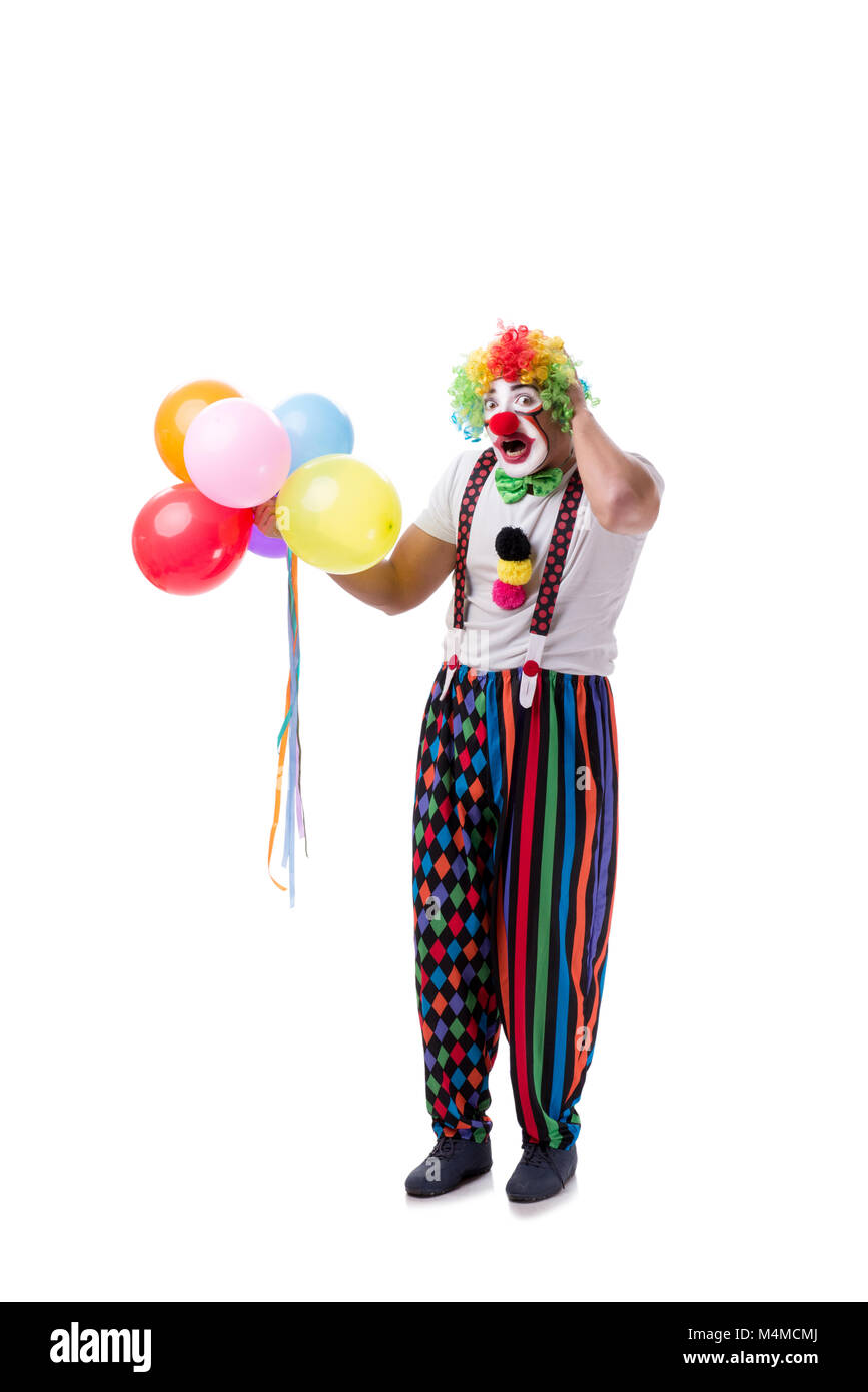 Lustiger Clown mit Luftballons isoliert auf weißem Hintergrund ...