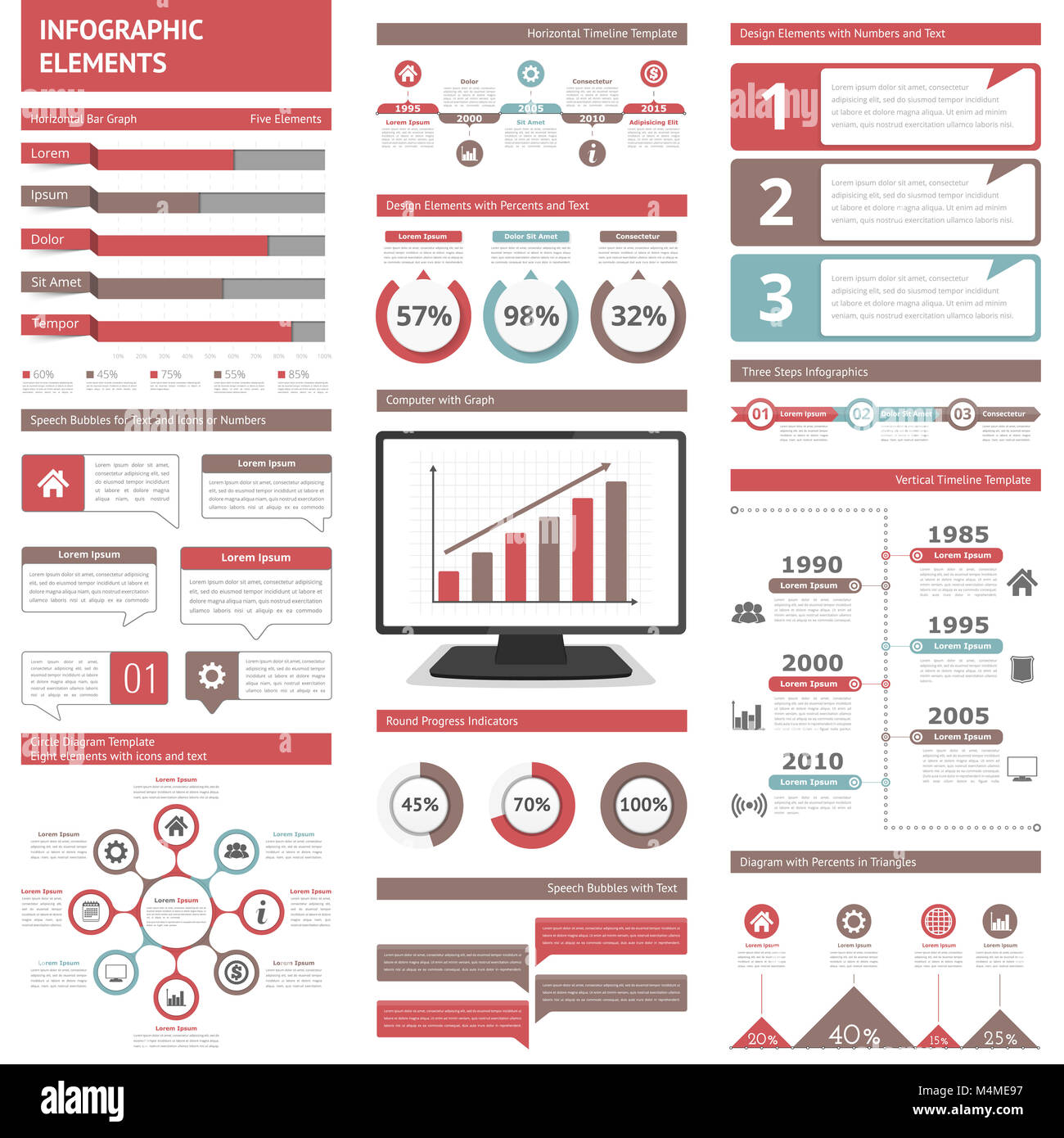 Infografik Elemente für Präsentationen und Berichte - Zeitpläne, Diagramme, Schaubilder, Diagramme, Flussdiagramm, Workflow, Schritte, Optionen, Prozent, Sprechblase Stockfoto