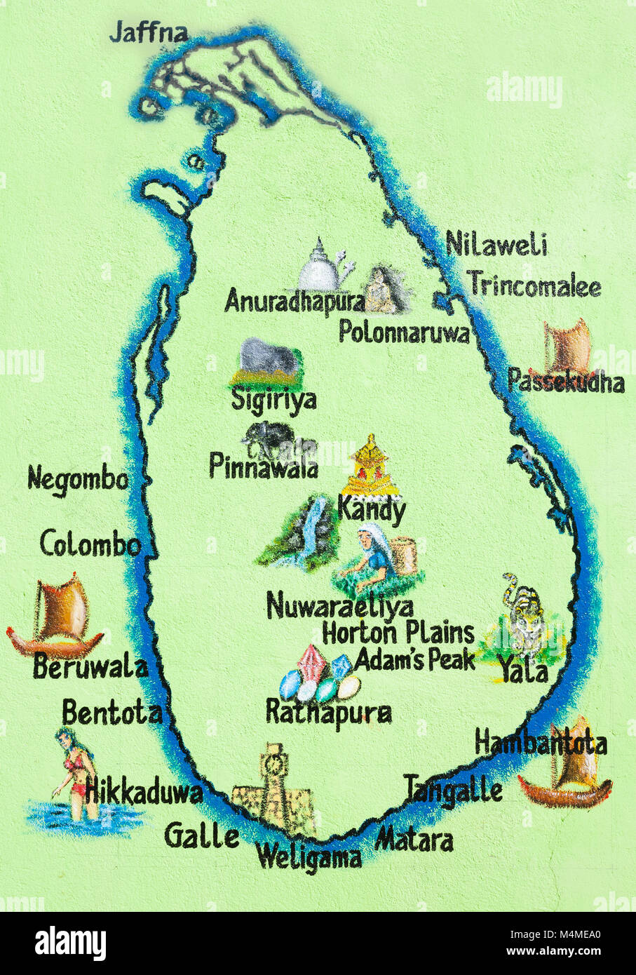Sri Lanka, Asien, Hikkaduwa - gemalte Karte der Insel Sri Lanka Stockfoto
