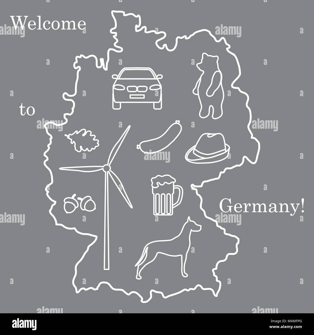 Vector Illustration mit verschiedenen Symbolen in Deutschland. Reisen und Freizeit. Design für Banner, Poster oder Drucken. Stock Vektor