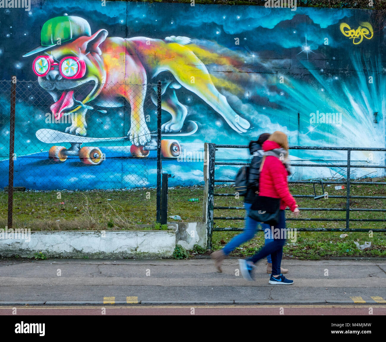 Zwei junge Frauen, die eine Wand mit Graffiti Artwork, ein Staffordshire Bull Terrier mit Baseballmütze und Schutzbrille auf einem Skateboard in Bristol UK Stockfoto