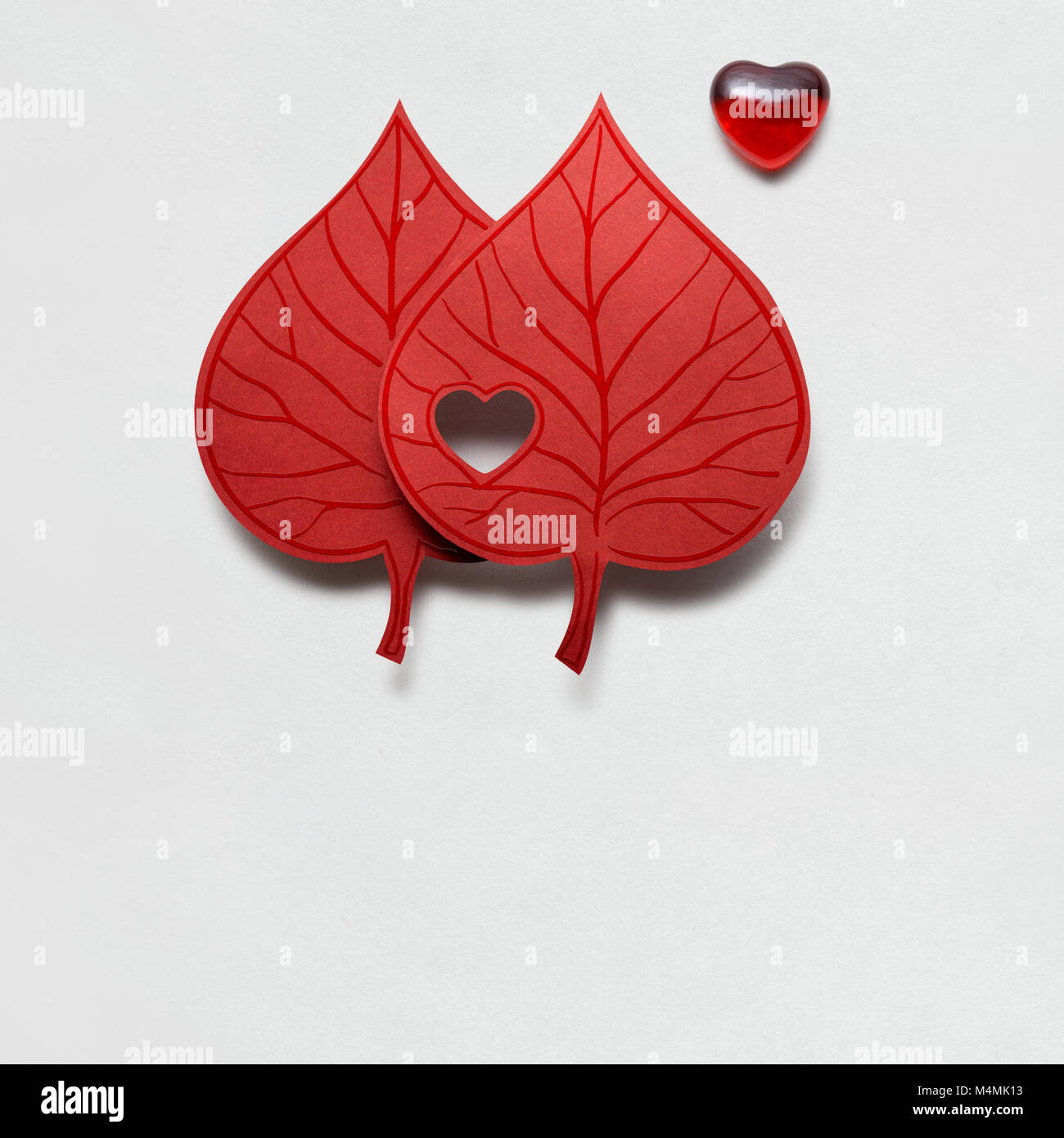 Kreative Valentines Konzept Foto von zwei Blätter mit Herzen auf weißem Hintergrund. Stockfoto