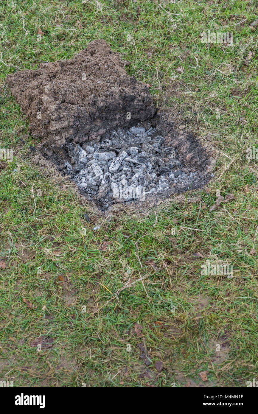 Gras Rasen schneiden Sie eine flache Grube für eine verdeckte überleben Feuer, welches "keine Spuren hinterlässt" zu bilden. Holz Asche später durch Austausch Rasen versteckt. Kopieren Sie Platz. Stockfoto