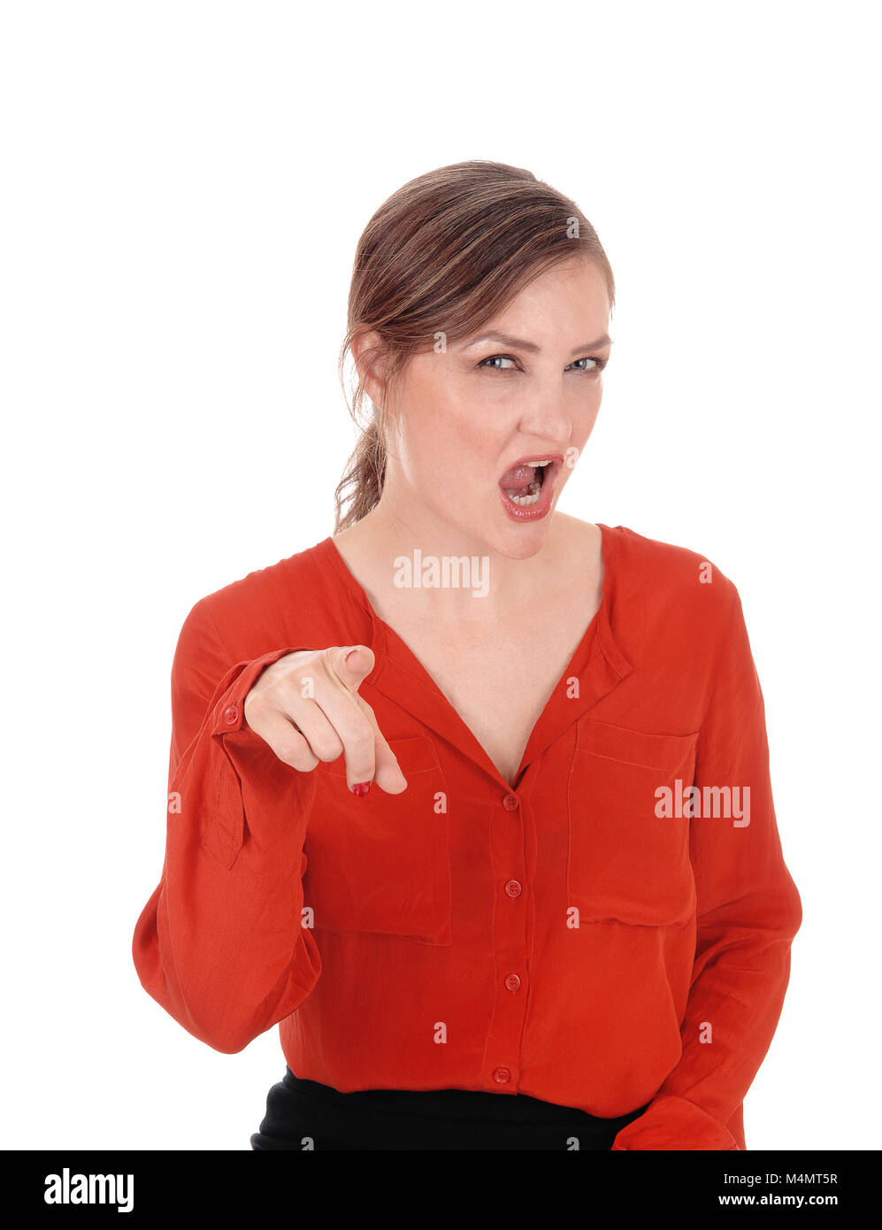 Frau zeigt mit dem Finger und rief Stockfoto