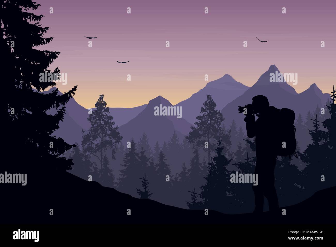Vector Illustration einer Berglandschaft mit einem Wald und Fotografen touristische unter dem Himmel mit Wolken und Vögel Stock Vektor