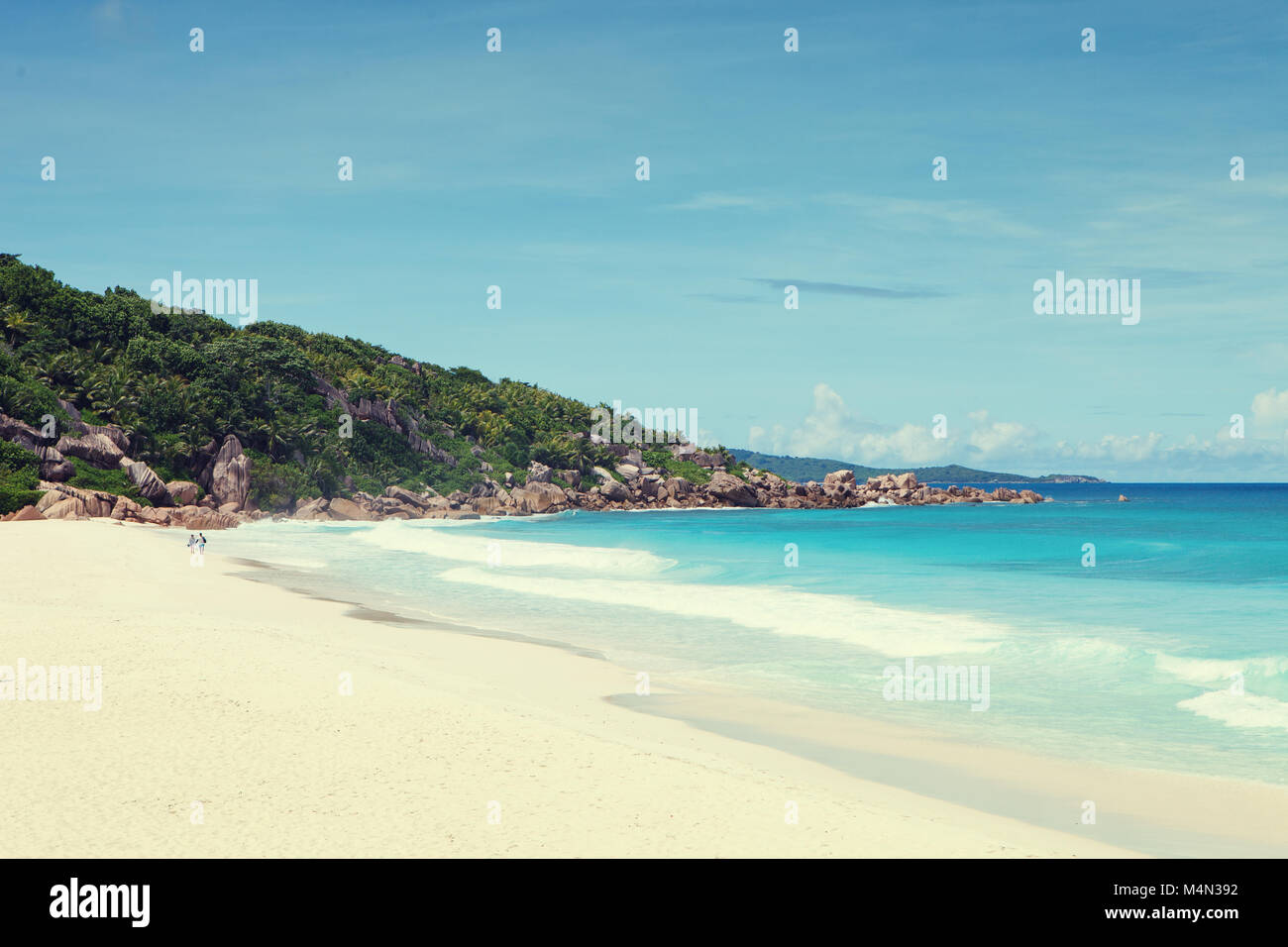 Strand Grand Anse, La Digue, Seychellen. Getonten Bild Stockfoto